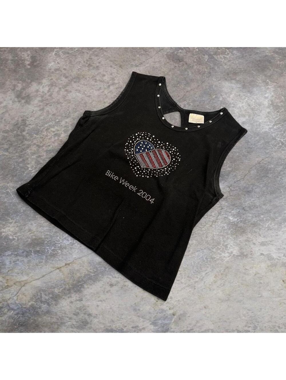 Y2K black rhinestone USA flag tank top #biker #rhinestone
